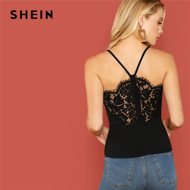 SHEIN Топ На Бретелях С Кружевами И V-Образным Вырезом Женский Летний Черный Топ На Молнии