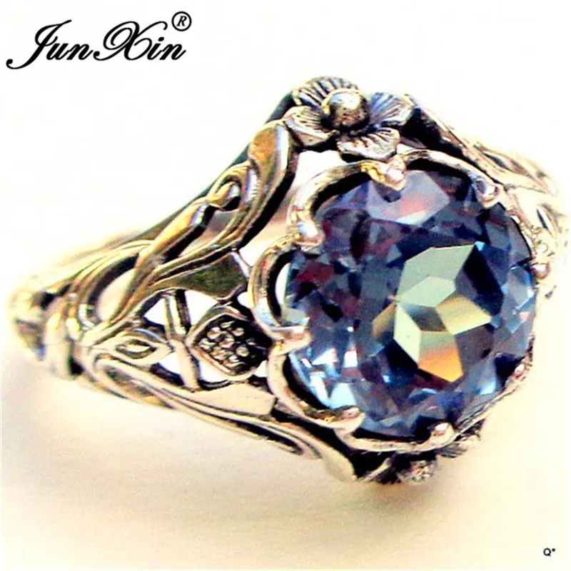 JUNXIN Antique Silver Rainbow Birthstone Rings For Men Women Big Round Zircon Wedding Bands Male Female Flower Charm Ring Gifts