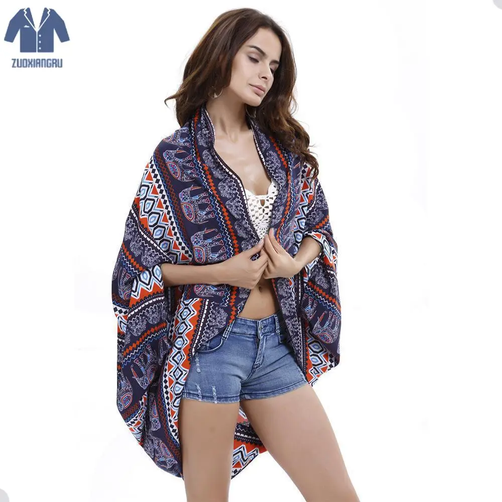 

Summer Bohemian Style Retro Elephant Print Kimono Cardigan Poncho Bat Sleeve Large Size Beachwear Cardigan Cover Shirt