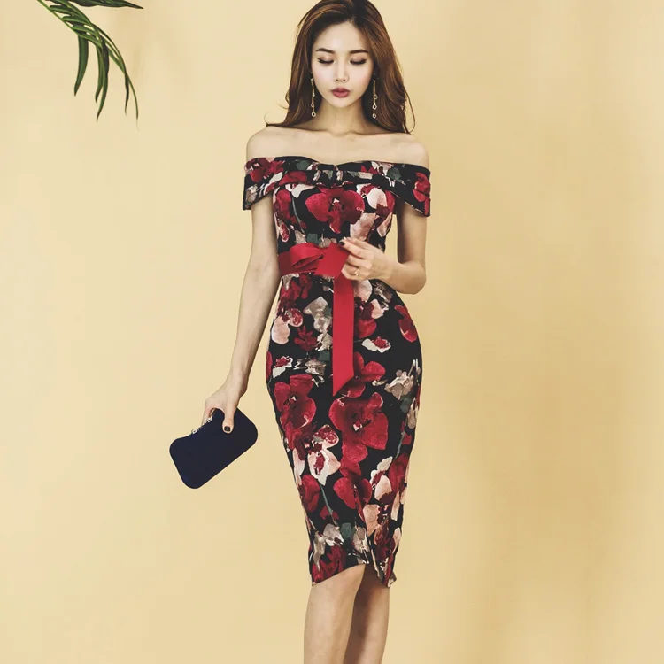 

Bud Hip Floral Dress Slash Neck Off The Shoulder High Waist Sexy Party Dress Female Midi Sheath Summer Dresses Women TAS703