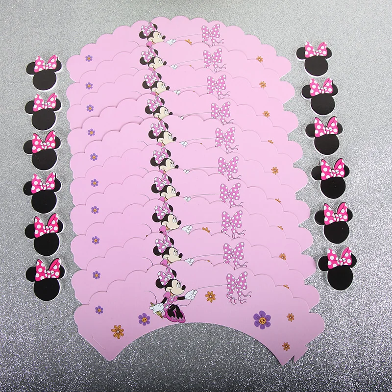 

24pcs/lot Minnie Mouse Black and Pink cup cake decor Party Cake Topper Birthday Party Decorations Adult Cupcake Paper Supplies