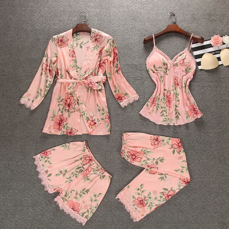 

NEW Spring Night Robe Sleepwear Sets Womens 4pcs Strap Top Pants Suit Casual Pajamas Sexy Nightwear Kimono Bath Gown M L XL