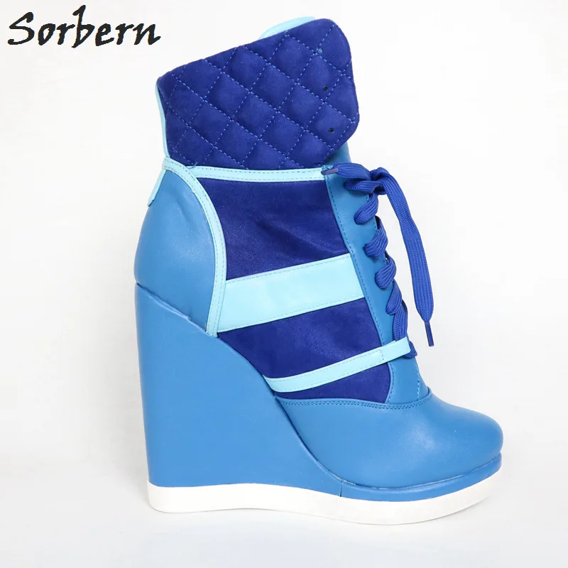 Custom Colors High Heel Sneaker Wedge Boots - Sorbern Blue Women's Lace Up Ankle Boots with Round Toes and Hidden Wedge Sneakers image 5