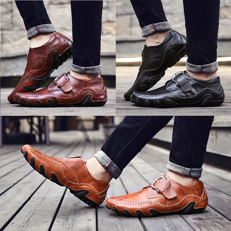 

2019 Handmade Genuine Leather 38~46 Men's Flats Casual Luxury Brand Men Loafers Comfortable Driving Shoes Slip On Moccasins 8030