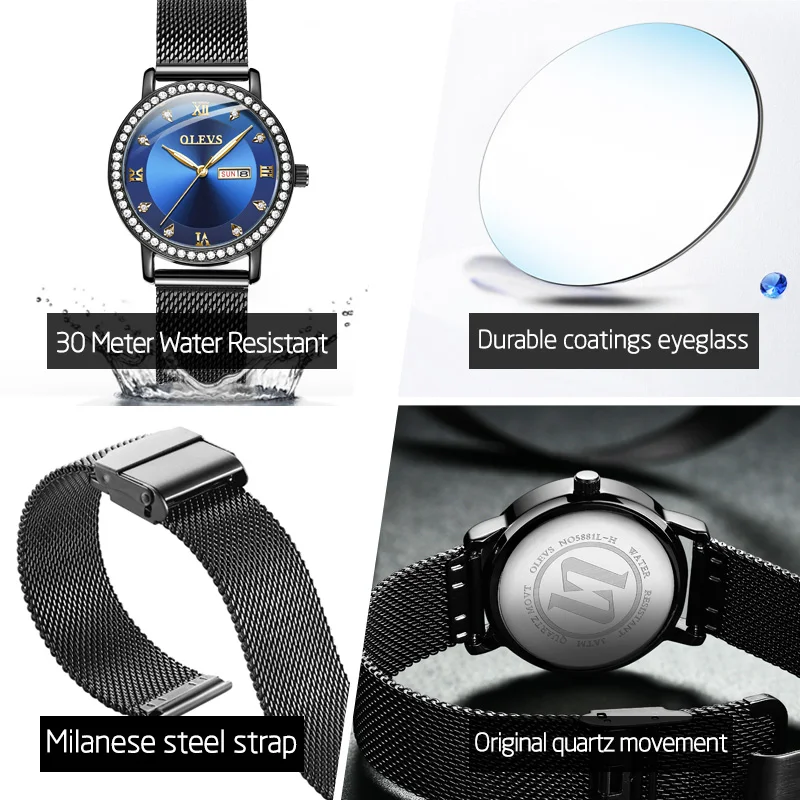 Montre Femme синие кварцевые часы женские роскошные черные из нержавеющей стали