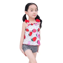 Модные летние лямки для купальников для маленьких девочек, топы с принтом клубники, шорты в полоску, детский купальник для девочек