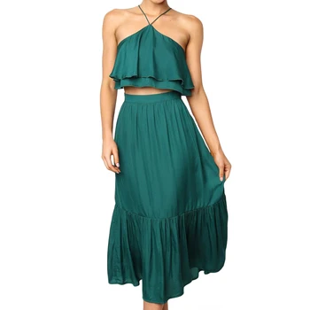 

Casual Summer Women'S Two-Piece Dress Set Sexy Ruffle Halter Crop Tops + High Waist Loose Long Skirt Green Sleeveless 2pcs Suit