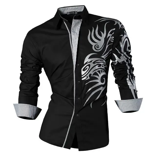 Sportrendy Men's Shirt Dress Casual Long Sleeve Slim Fit Fashion Dragon Stylish JZS041 JZS043-Black