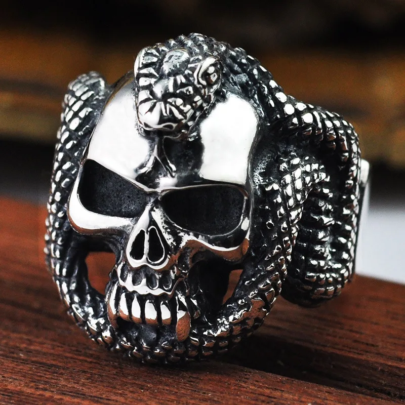 

Real 925 Sterling Silver Python Skull Ring for Men Punk Vintage Style Adjustable Skeleton Ring Thai silver Personality Jewelry