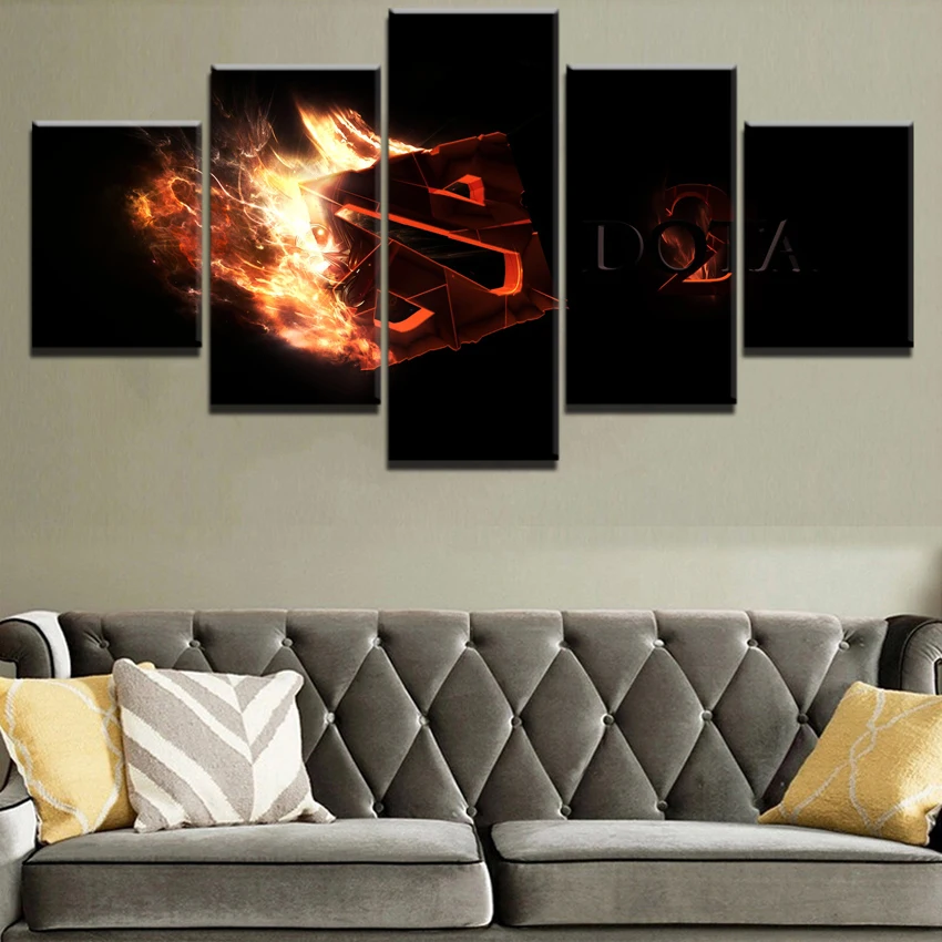  Modern HD Printed Painting Canvas Home Decorative 5 Panel DotA 2 Fire Logo Game Poster Modular Fram