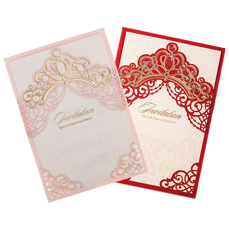 

[Princess Dream] Gold Crown Laser Cut Elegant Wedding Invitations 50pcs, Blank Invitation Card with Envelopes for Quinceanera