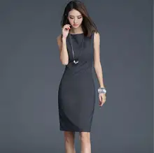 2017 Summer Dark Gray Sleeveless H Type Office Dress Women Classic Simplicity Slim Vestidos O-neck Sexy Knee-length Dresses Robe
