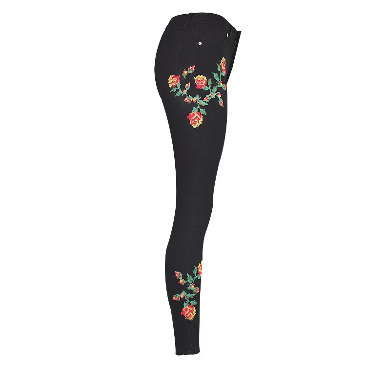 2017 European and American women hot high waist Slim stretch front and rear side cross embroidery roses cowboy pants pants pants (10)