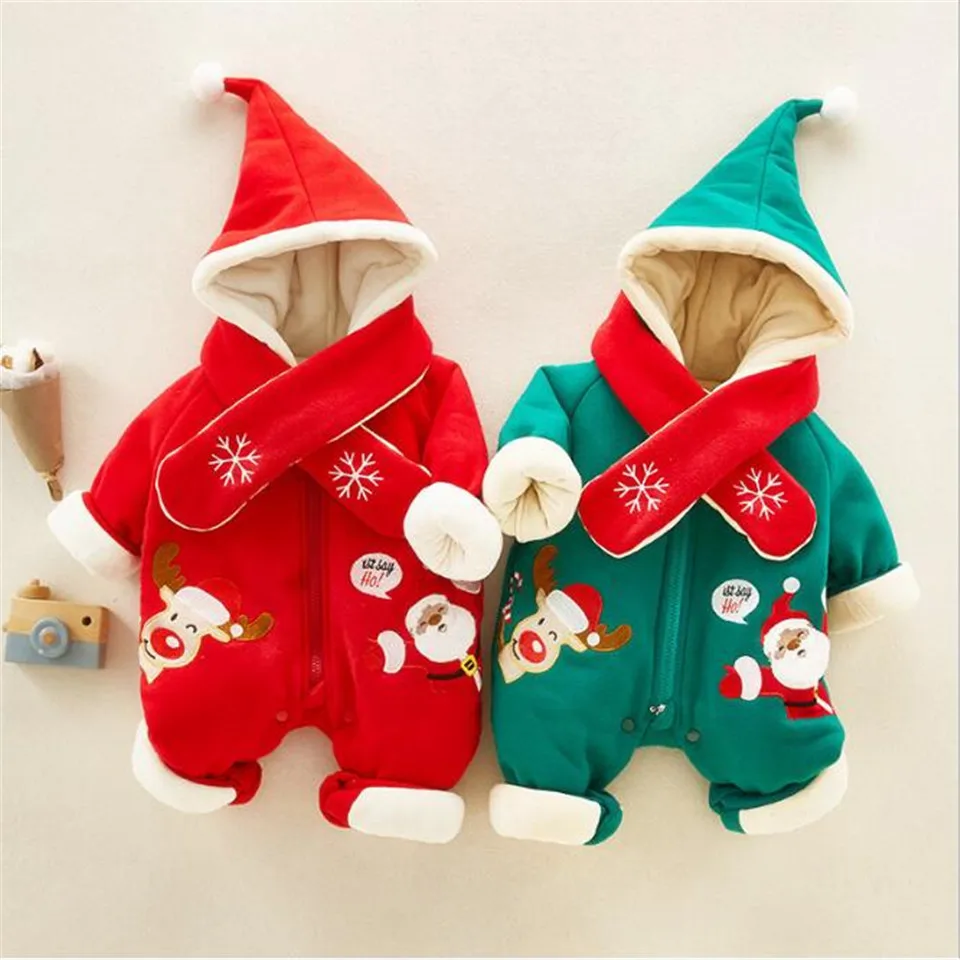 

Baby thickened hooded Bodysuit + scarf Clothes hardy velvet jumpsuit New year cotton Bodysuit Christmas crawl Climbing 0-2T baby