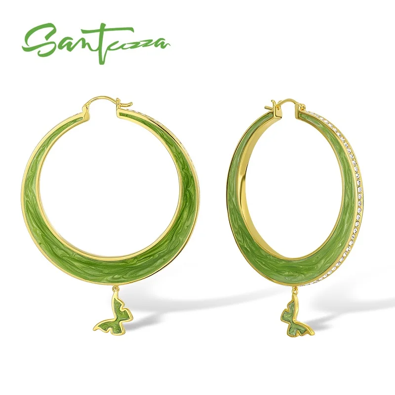 SANTUZZA Висячие серьги для женщин красочные большой круг прекрасные бабочки сверкающие кристаллы модные ювелирные изделия ручной работы эмаль - Окраска металла: Gold Plating (Green)