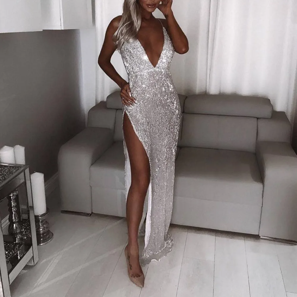 

2019 Women Fashion Elegant Sexy Long Maxi Party Dress Female Prom Bling Bling Shiny Spaghetti Strap Plunge Slit Dress#1225