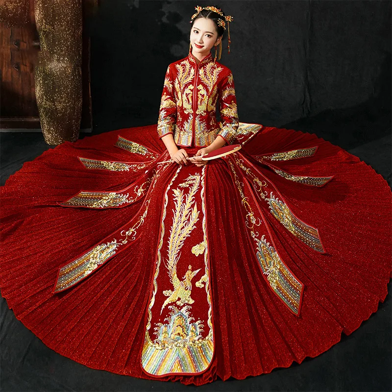 

Red Long Sleeve Chinese Traditional Wedding Dress Women Phoenix Embroidery Cheongsam Qipao Evening Gown China Bride Traditions