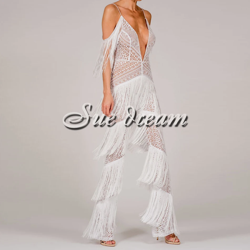 

2017 Summer new style women tassel short sleeve deep v neck fashion celebrity party bodycon black apricot wide leg jumpsuits