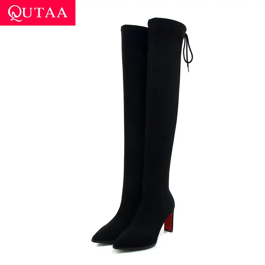 

QUTAA 2020 Lace Up Stretch Scrub Long Boots Square Heel Sexy Pointed Toe Shoes Winter Warm Fur Over The Knee Boots Size 34-43