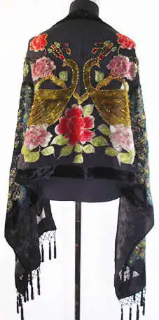 Novelty Hot Pink Female Silk Satin Velvet Cape Embroidery Beaded Pashmina Stole Chinese Style Peacock Muffler 175 x 54cm C020 3