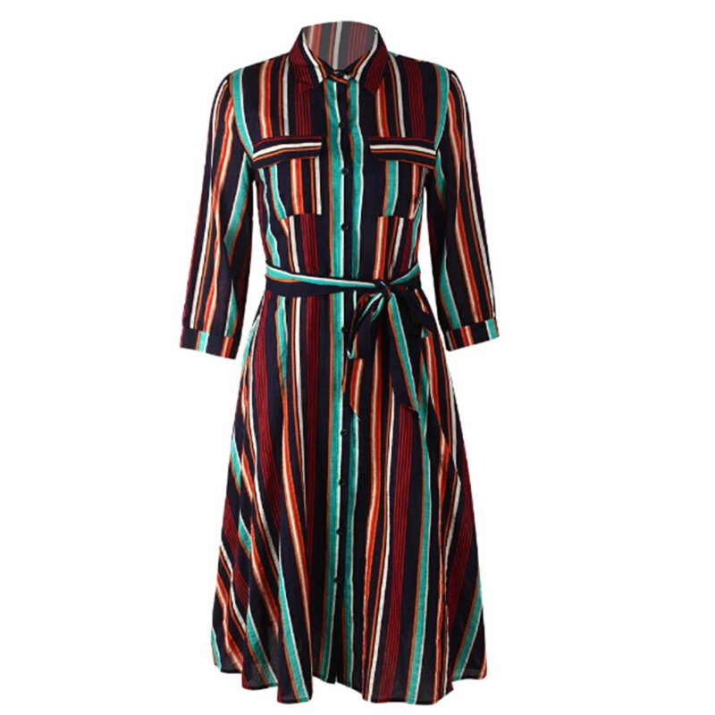 

Autumn Long Sleeve Blouse Shirt Dress With Belt Women Long Sleeve A Line Striped Dresses Female Vestidos