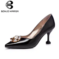 BONJOMARISA/Большие размеры 32-48, новые женские туфли с острым носком, украшенные жемчугом и металлическими украшениями, женские повседневные