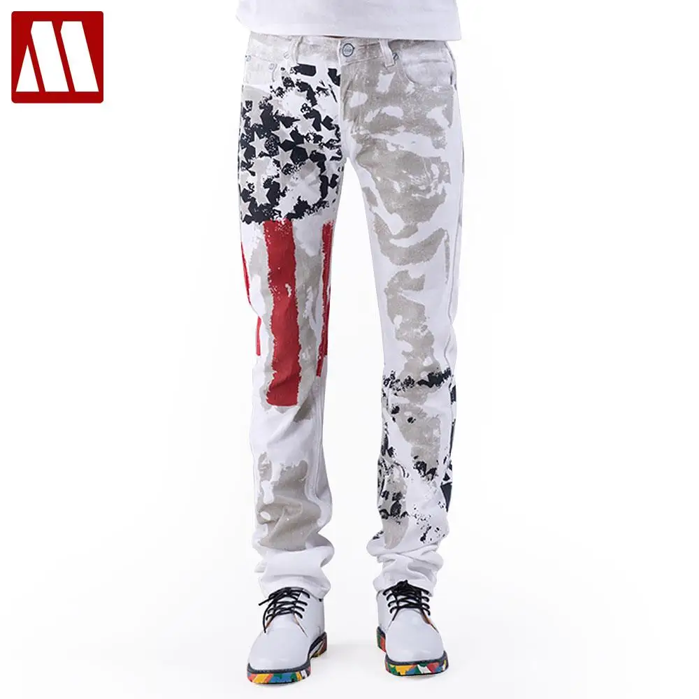 American Flag Men Jeans 2018 New Arrival Floral Print Straight Jean