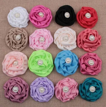 

DIY 7 Cm Large Headdress Rolled Ribbon Flower with pearl center Rose Buds Satin Fabric Flowers For Hair Accessory 20Pcs/lot