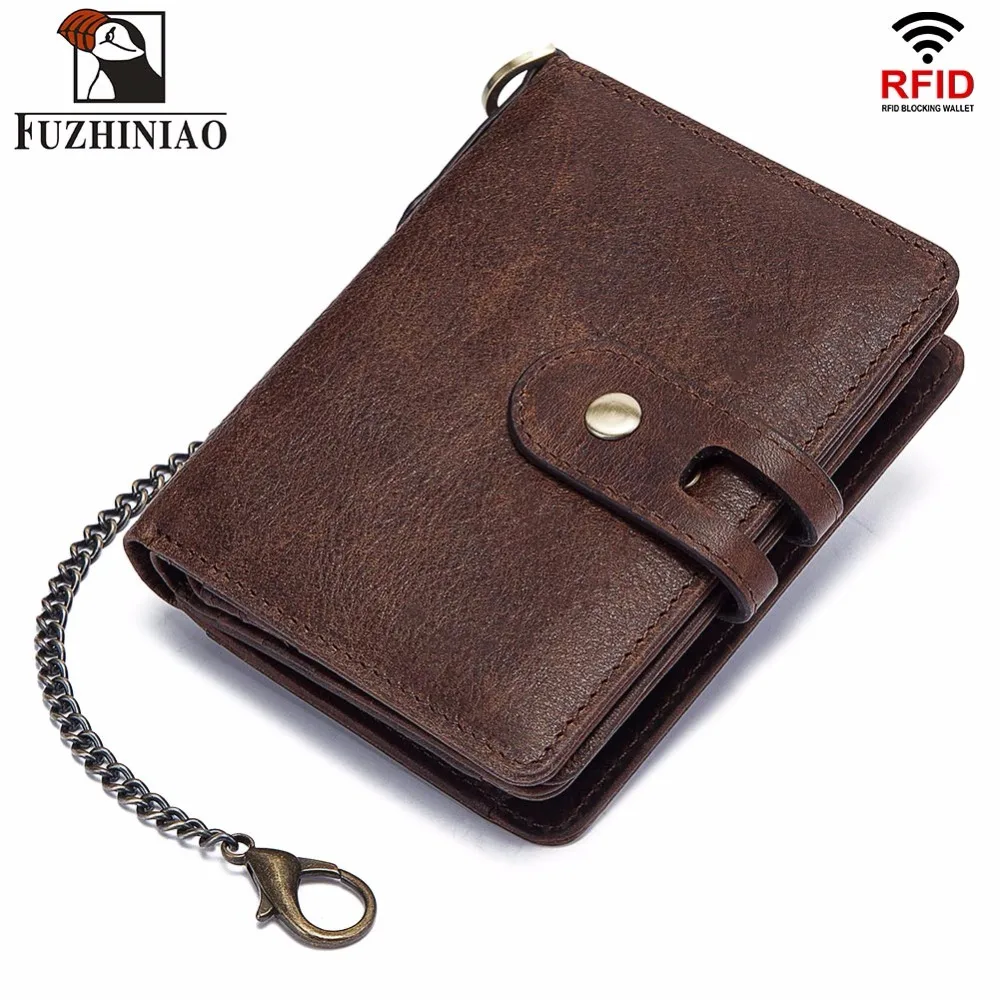 

FUZHINIAO 100% Genuine Leather Men Wallet PORTFOLIO Male Vintage Purse Small Portomonee Card Holder Hasp Chain Brand Quality