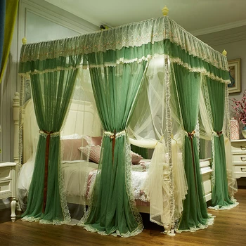 

Green Pink Gray Red Double-deck Romantic White Lace Luxury Court Style Three-door Square Floor-standing mosquito net bedding set