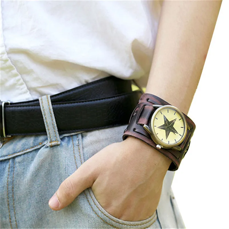 Мужская мода стиль ретро панк Рок коричневый большой широкий кожаный браслет наручные часы Прямая поставка#15