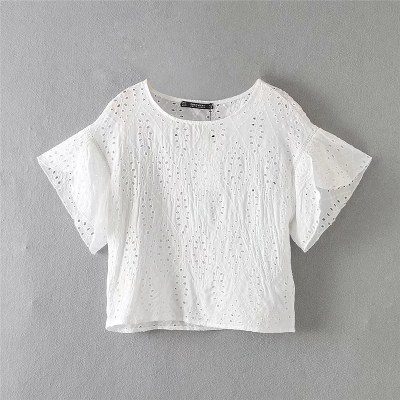 

Summer Women White Shirt Cotton Hollow Dobby Sleeve Blouses Casual Korean Female Short Shirts O-Neck Spring Ladies Tops Shirt