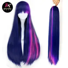 Miss U волосы унисекс 70 см длинные прямые Смешанные фиолетовый цвет розовый пряди Косплей Хэллоуин ролевые игры парик Коготь Конский хвост набор