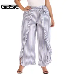 GIBSIE плюс Размеры Женская одежда 2018 Осень Модные полосатые штаны с оборками Для женщин элегантный OL рабочая одежда поясом Штаны с высокой