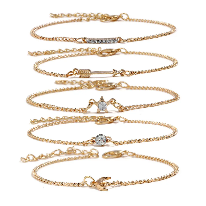 

(5 pcs/set) Gold Color Rhinestone Star Shaped Bracelets for Women Girls Cute Arrow Bracelets Fashion Wedding Jewelry