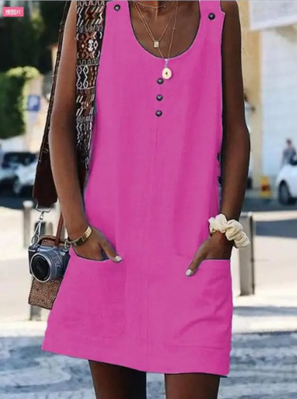Women Casual Loose Dress Button Vest Tank Solid Beach Boho Splice Pocket Befree Dress Plus Sizes Summer Dresses Robe Femme 2019