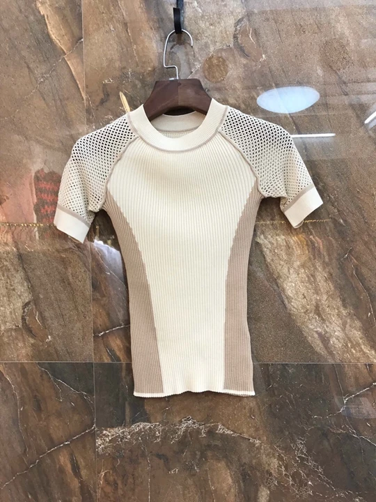 

2019 summer new women's short-sleeved Slim openwork color matching knitted top
