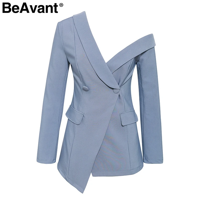 BeAvant Sexy one shoulder womens blazer Asymmetrical buttons work autumn female blazers Elegant office ladies blazers coat - Цвет: Blue Gray