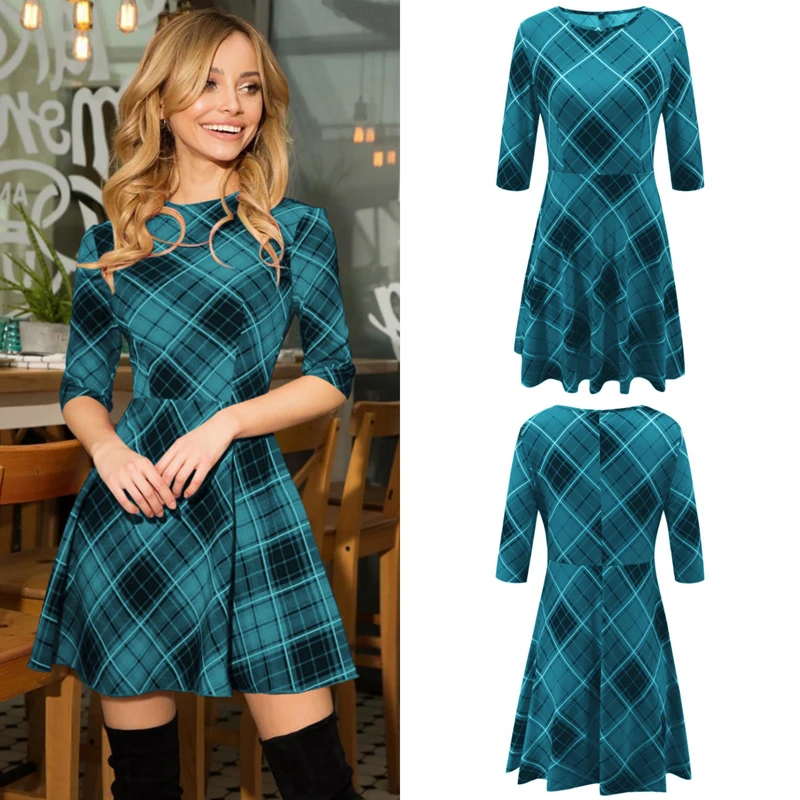 

Women Casual Plaid Tunic Skater Dress for Summer 2019 Half Sleeve High Waist Short Bodycon a line dress Autumn Check Dress 2XL