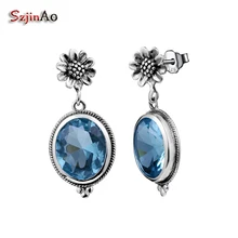 Szjinao Аквамарин Винтаж Бижутерия Твердые 925 пробы Серебряный цветок висячие серьги для женщин Подарки на день Святого Валентина