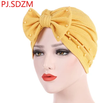 

2019 Europe Women Detachable Bow Nails Pearl Muslim Turban Solid Headscarf Indian Hat Hair Accessories Female Headband Fashion