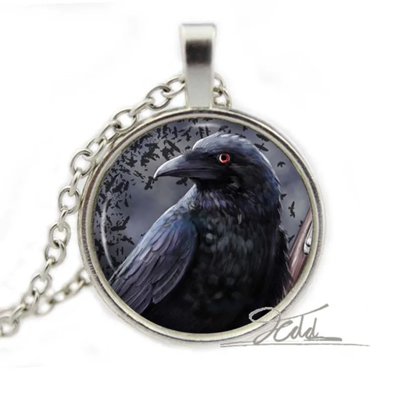 

1Pcs Black Bird - Gothic Necklace Jewelry - Bird Picture Crow Gifts for Her Photo Glass Cabochon Dome Art Necklace