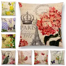 Flores mariposa Eiffel Torre funda de cojín para sofá Pavo Real París corona Vintage patrón Floral decorativo cartas funda de cojín