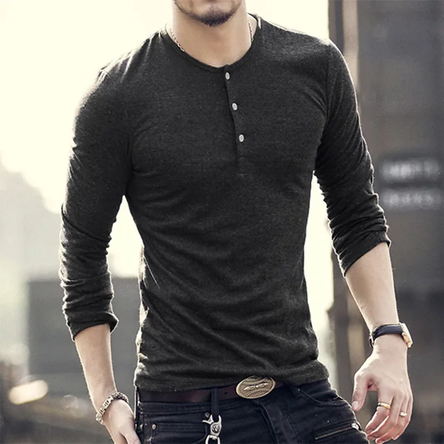 New Fashion Men Tee Long Sleeve Henley Shirts Military