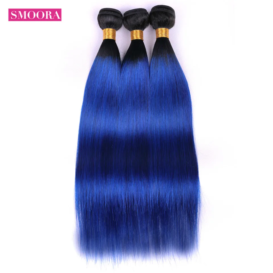 

Smoora Pre-Colored 2 Tone Blue Brazilian Straight Hair Ombre 3 Bundle Deals T1B/Blue Dark Roots Human Hair Extensions Weave