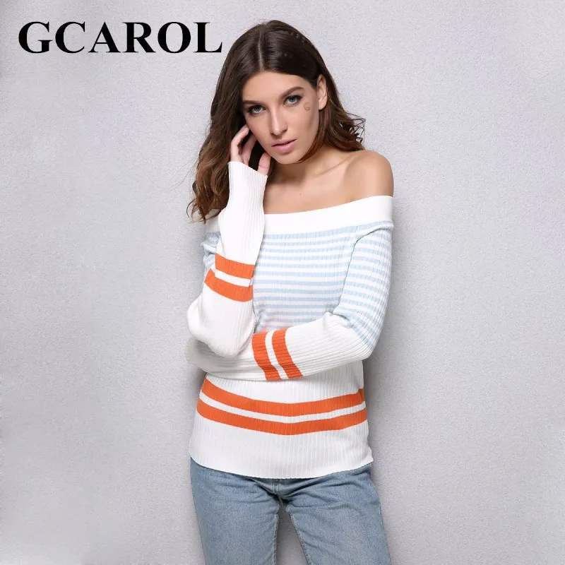 GCAROL Euro Style Stripe Women Sweater Slash Neck Sexy Autumn Winter Knitting Tops Stretch Warm Knitted Tops For Ladies GCAROL Euro Style Stripe Women Sweater Slash Neck Sexy Autumn Winter Knitting Tops Stretch Warm Knitted Tops For Ladies