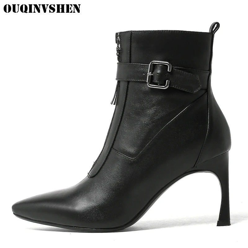

OUQINVSHEN Zipper Pointed Toe Boots Casual Fashion Women Ankle Boots New Thin Heels High Heels Ladies Buckle Solid Boots