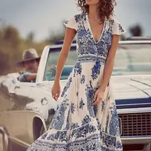 Женское летнее длинное пляжное платье Boho, Повседневный Сарафан, женское Повседневное платье с v-образным вырезом и коротким рукавом, свободные платья до середины икры