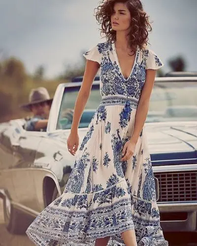 

Women Summer Boho Long Beach Dress Casual Sundress Women Casual Print V-neck Short Sleeve Mid-Calf Loose Dresses