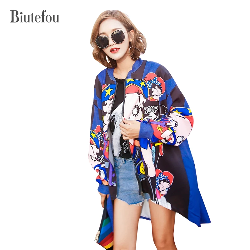 

[Biutefou] 2019 Spring cartoon print irregular coats women new fashion loose coats